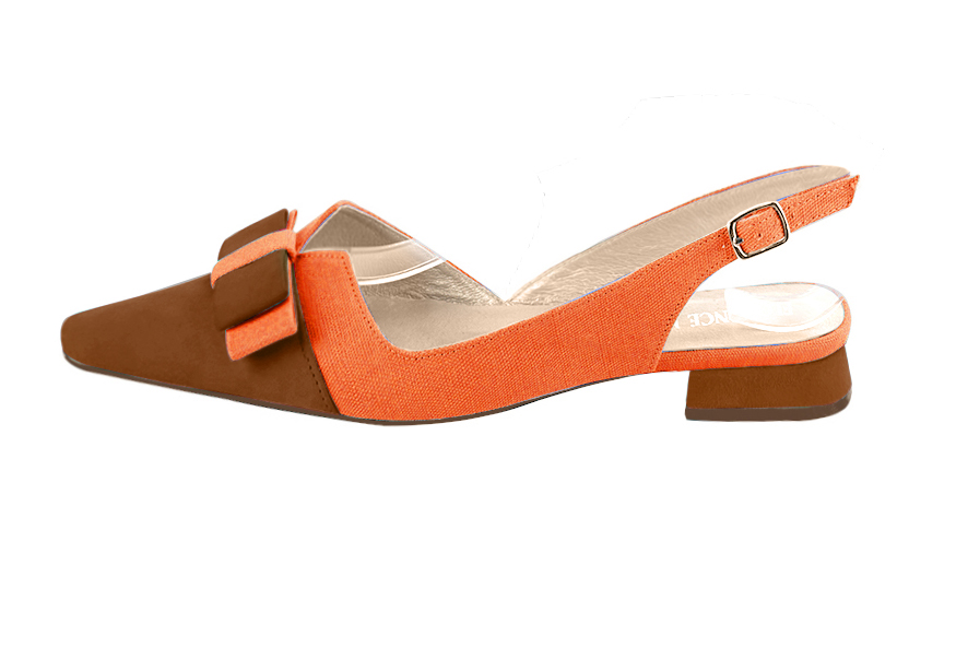 Women's caramel brown and clementine orange elegant slingback heels, with a bow on the front. Tapered toe. Flat block heels - Profile view